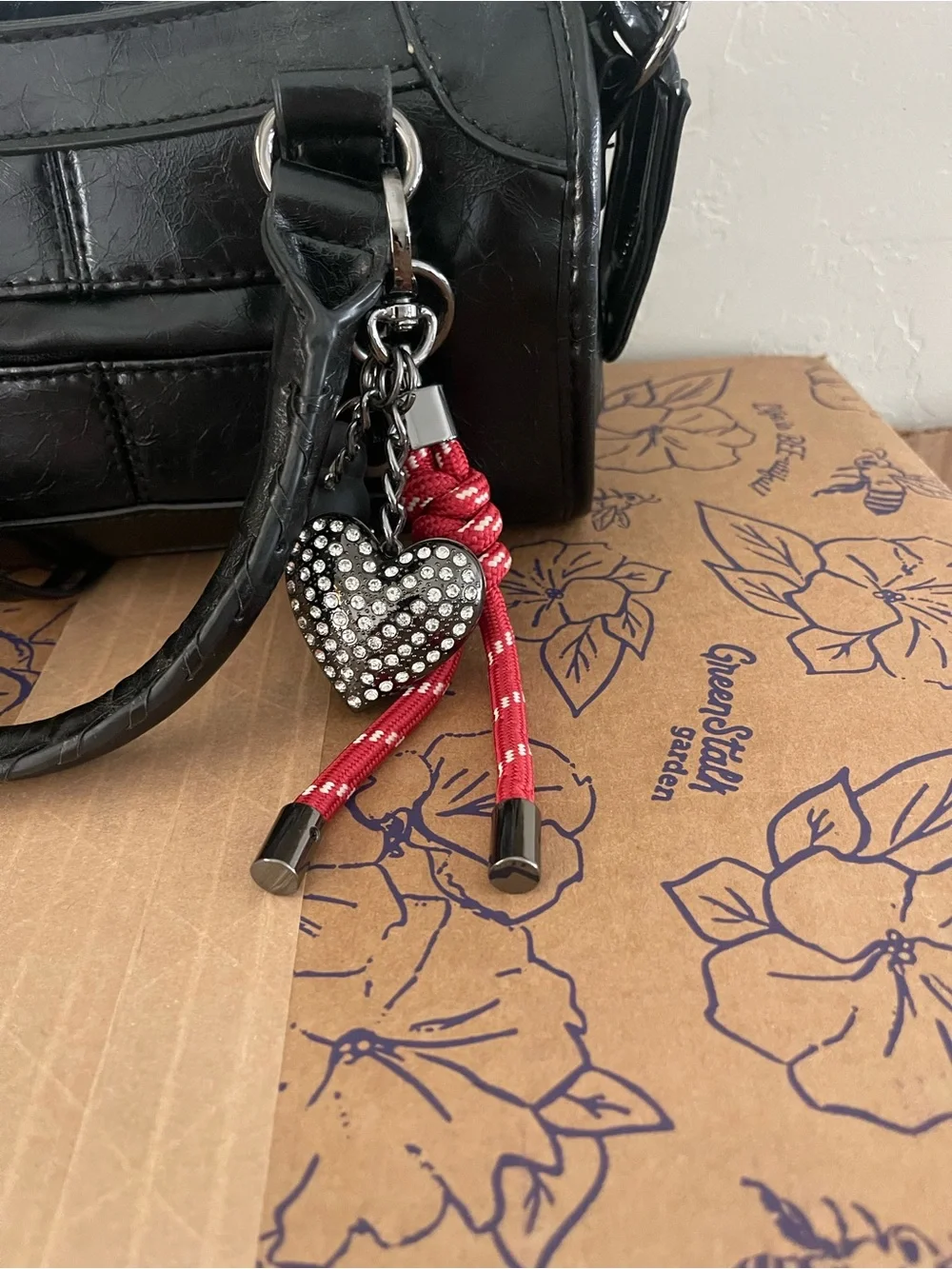 Steve Madden Black Mini Satchel with Red Rope Charm and Heart Charm - Picture 6 of 6